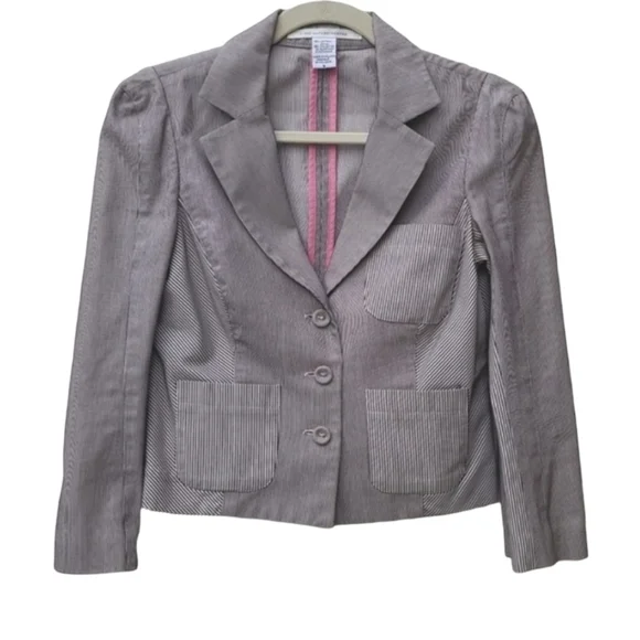 DIANE VON FURSTENBERG DVF Pinstriped Peplum Blazer 6 M Crop Jacket Seersucker - Picture 2 of 15